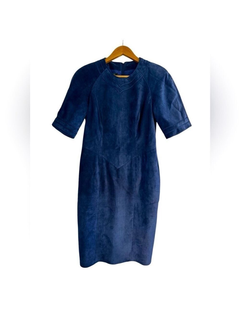 Danier Deep Blue Suede Leather Sheath Midi Dress Modern Western Old Money